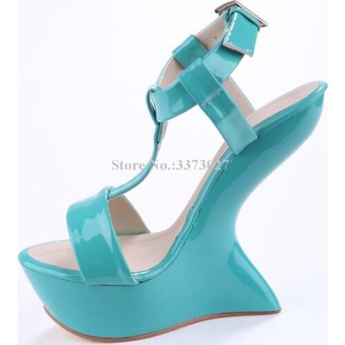 New Patent Leather Candy Color Strange Style Heels Wedge Sandals Woman Super Heels Platform Sandals Fashion Party Shoes