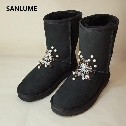 SANLUME Women Winter Sheepskin Fur Snow boots 100% Real Leather String Bead Classic black keep warm Boots Size 42