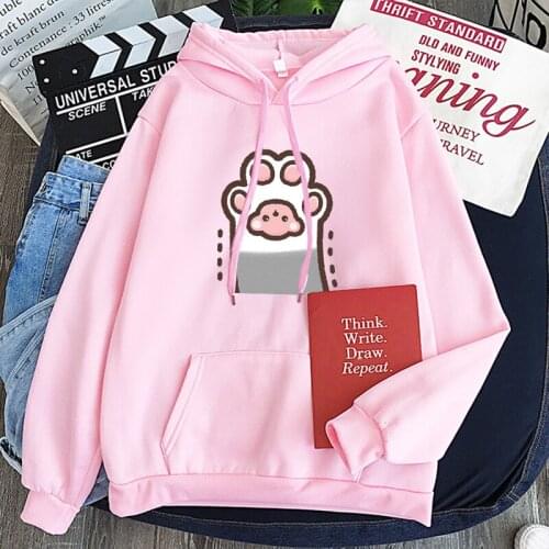 Kawaii Cat Hoodies Women Harajuku Sweatshirt Pink Winter Cartoon Tops Pattern Printed Long Sleeve Hooded Sweatshirts Clothing