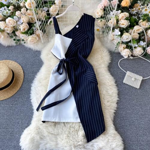 Summer New Womens Sexty Irregular Color Matching Sling Strapless Sleeveless Temperament Suit Collar Striped Female Dress
