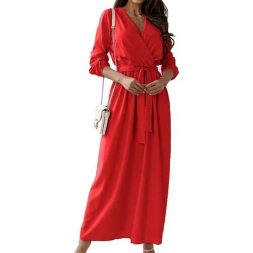 Womens Autumn Dress 2021 Solid Color Elastic Waist V Neck Tight Waist Loose Long Dress for Party
