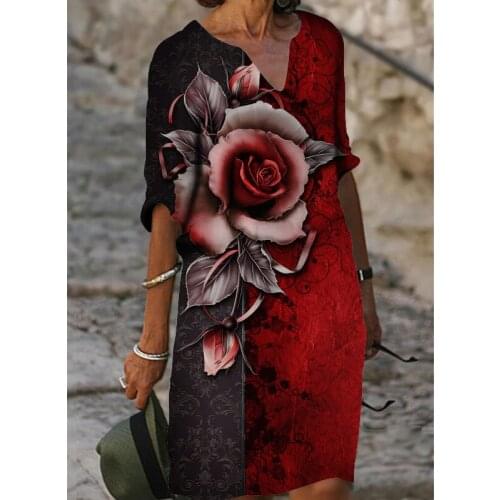 Half Sleeve Floral Printed Dress for Womens 2021 Summer Fashion Casual Vintage V-Neck Robe Oversized Loose Midi Sundress Ladies