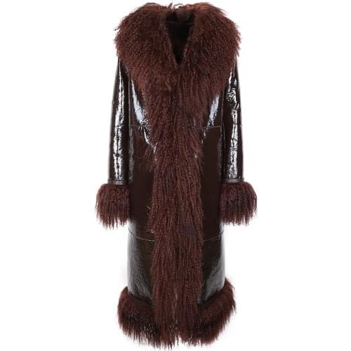 YOLOAgain Winter Warm Women Mongolia Sheep Fur Collar Long Shearling Coat Suede Leather Coat For Ladies