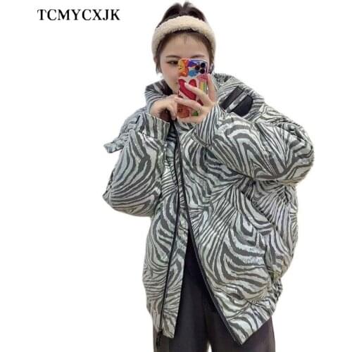Winter White Duck Down Jacket Female 2021 New Zebra Printing Hooded Casual Thick Fashion Womens Coat Street Motorcycle Jacket