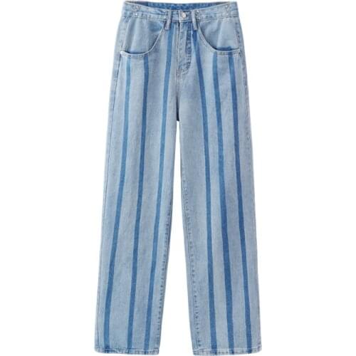 2021 Loose Wide Leg Pants Women High Adjustable Waist Striped Printed Jeans Slim Pockets Denim Trousers Female Oversized P137