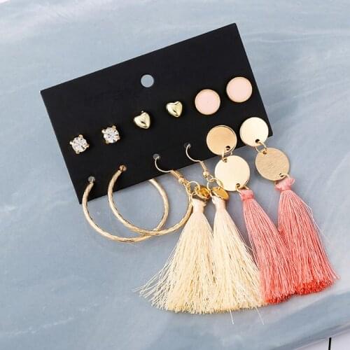 6Pairs/Set Lady Girls Long Tassel Stud Earring Set For Women Bohemian Trendy Circle Heart Earrings Mixed Female Bijoux