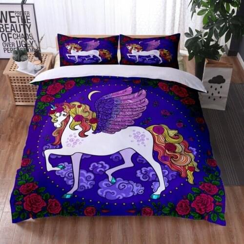 Bless Cute Unicorn Bedding Set Orange Red Hair Quilt Cover Moon Baby Cartoon Bed Cover Colorful Heart Star Bed Cover Full Size