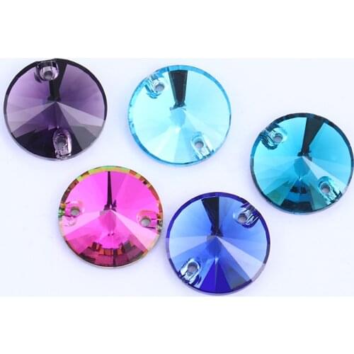 Twinkling Aquamarine Amethyst Round K9 Glass Rivoli Sew on Rhinestones Flat Back Strass Crystal Buttons Sew on Clothing Crafts