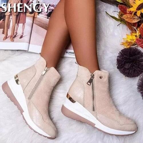 New Autumn Womens Shoes Ankle Boots Casual Ladies Platform Solid Color Ankles Boots Zipper Shoes Lightweight Wedge Sneakers