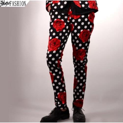 Mens pants stage personality Polka dot flower pant men trousers singer dance rock fashion pantalon homme street star style