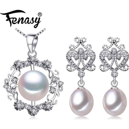 FENASY Fashion 925 Sterling Silver Pendant Necklace Natural Pearl Jewelry Sets For Women Classic Stud Earrings