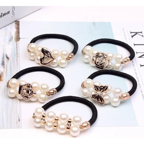 Classical Pearl Crown Butterfly Hair Accessories Elastic Hair Bands For Women Korean Double Pearls Rubber Band Gums Wholesale