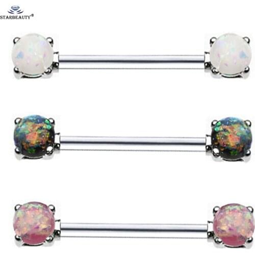 2 pcs/lot 14G 6mm Imitation Opal Nipple Piercing Jewelry Surgical Stainless Steel Tongue Piercing Nipple Rings Sexy Body