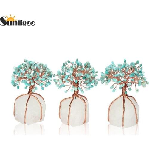 Sunligoo Chakra Healing Crystals Amazonite Copper Tree of Life Wrapped On Natural Clear Quartz Crystal Base Money Tree Feng Shui
