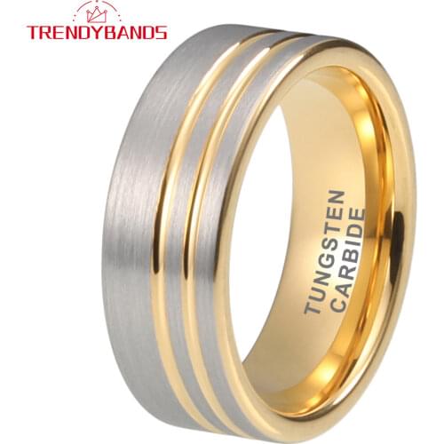 Gold 8MM Double Grooved Tungsten Carbide Engagement Rings Wedding Bands For Men Women Comfort Fit