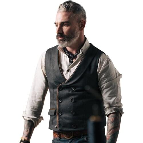 Mens Suit Vest Black Double-Breasted Slim Fit Leisure Cotton Male Gentleman Beckham Business Waistcoat For Wedding Groomsmen