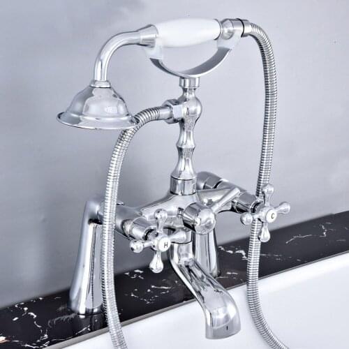 Deck Mounted Polished Silver Chrome Brass Bathroom Tub Faucet Set with 150CM Handheld Shower Spray Head Bath Mixer Tap 2tf770