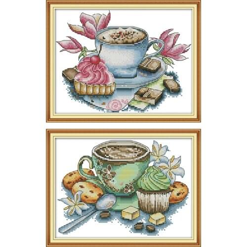 Teacup and Cake Series Cross Stitch Kits Sale 14CT 11CT Counted Printed Fabric Handmade Embroidery Thread Kits Needlework Sets