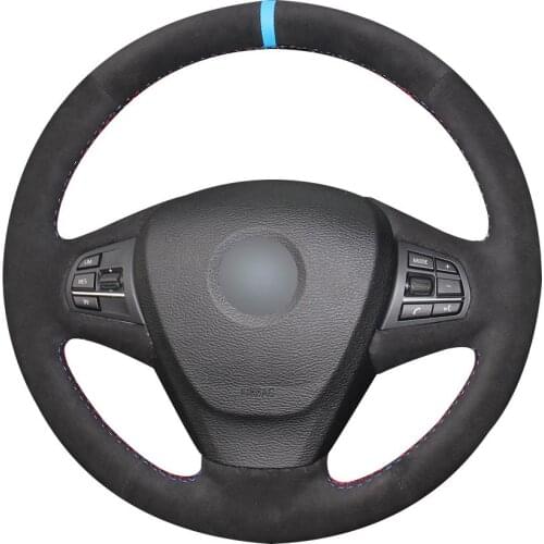 Non-slip Durable Black Suede Light Blue Marker Car Steering Wheel Cover For Bmw F25 X3 2011 -2017 F15 X5 2014