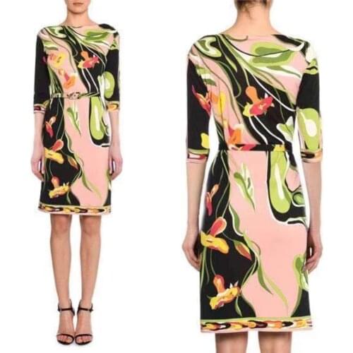 Urban women fashion new free belt beautiful print round collar silk jersey stretch dress