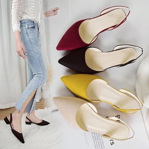 Womens shoes Spring and summer new pointed toe thick heel sandals suede low heel large size 41 casual student sandals shoeji