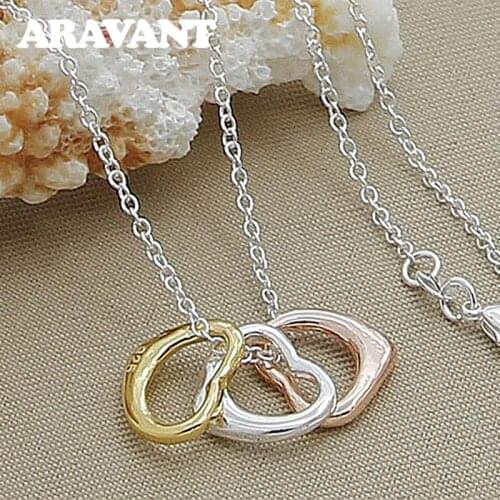 925 Silver 3 Color Heart Pendants Necklace Chains For Women Fashion Wedding Jewelry
