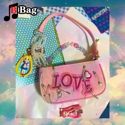 Y2K punk bag women dirty pink Embroidery acrylic pearl Handbag single shoulder underarm bag female messenger bag