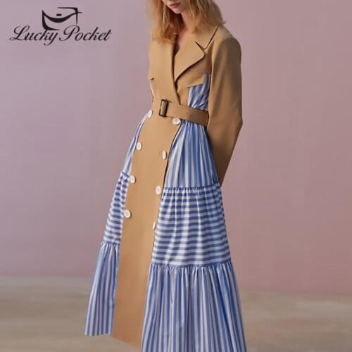 Women Spring Fall Khaki Slim Cotton Striped Patchwork Long Trench Coat Female Plus Size Outrwear Ladies England Overcoat ZM65