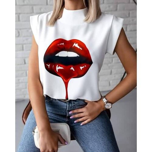 Women Lips Printed T Shirt Ladies Casual Stand Neck Tee Tops Short Sleeve Streetwear Summer Floral Plus Size Pullover T-shirts