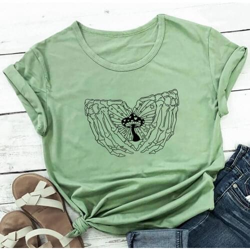 Skeleton Hand With Mushroom Print 100%Cotton Women Tshirt New Arrvial Funny Summer Casual Short Sleeve Top Halloween Shirt