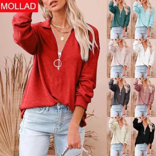European and American Womens Clothing New Casual Solid Color Loose Zip V-neck Long Sleeve Large Size Loose Pit Striped T-shirt
