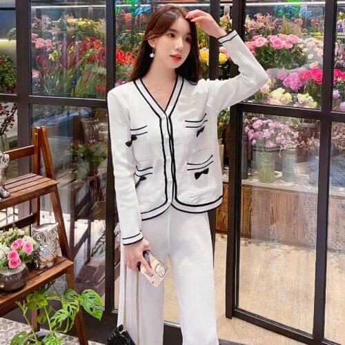 Women Autumn Knit Cardigan 2 Piece Set Elegant V Neck Long Sleeve Single Breasted Knit Sweaters+Higth Waist Wide Leg Pants Suits