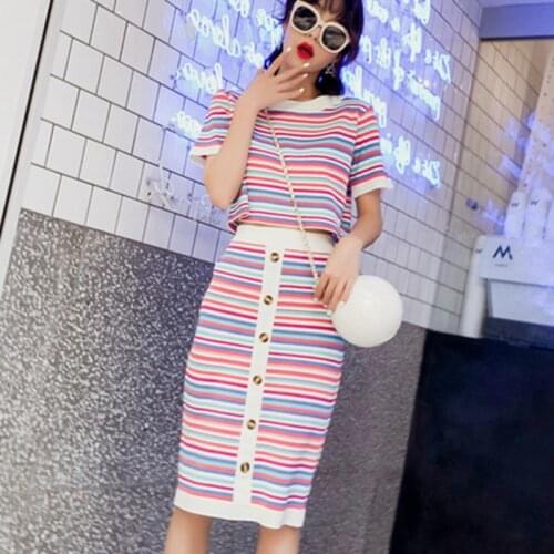 Two Piece Set Summer 2020 Korean Vintage Rainbow Striped Knitted Crop Top Skirt Set 2 Piece Outfits for Women Matching Sets