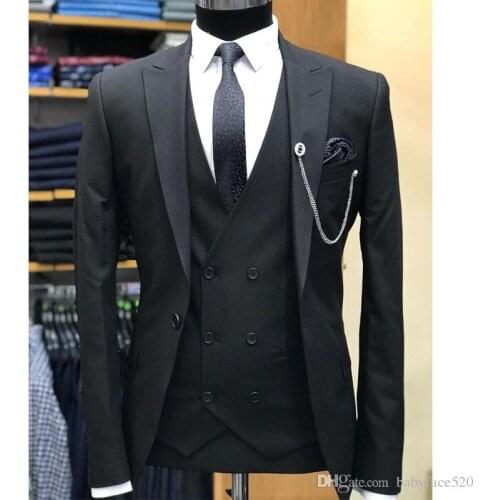 2019 Custom Made Black Wedding Men Suits for Groom Tuxedos Peaked Lapel Blazer Three Piece Double Breasted Vest Best Man Suits