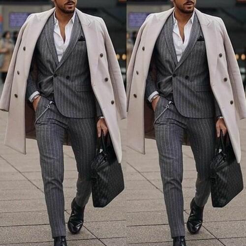 2021 Double Breasted Men Suits Gray Stripe Mens Blazer Slim Fit Wedding Male Dress Groom Tuxedos Business Suit Prom 2 Pieces