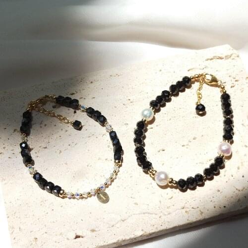 Lii Ji Black Spinel 14K Gold Filled Bracelet Natural Stone 4mm/4x6mm Real Pearl Austria Crystal Handmade Jewelry For Gift