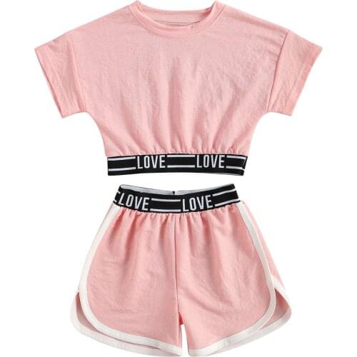 Kids Girls Fashion 2Pcs Outfit Short Sleeve Letter T-shirt+Shorts Set for Children Girls