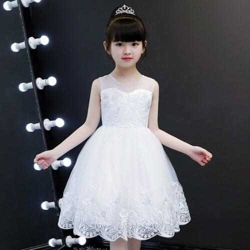 Ivory Flower Girls Dress Children Sleeveless Lace Embroidery Tulle Beading Dress Formal Wedding Party Kids Clothes Vestido