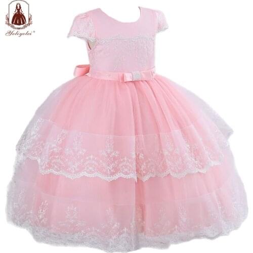 Yoliyolei Double Layers Ball Gown Princess Floor-length Flower Girl Dress Satin Tulle Lace Short Sleeves o-neck Dresses With Bow