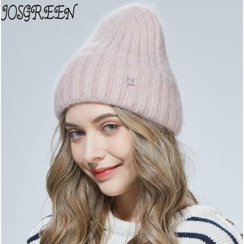 JOSGREENYoung plus fleece flanging star decoration casual fashion female rabbit fur knitted hat