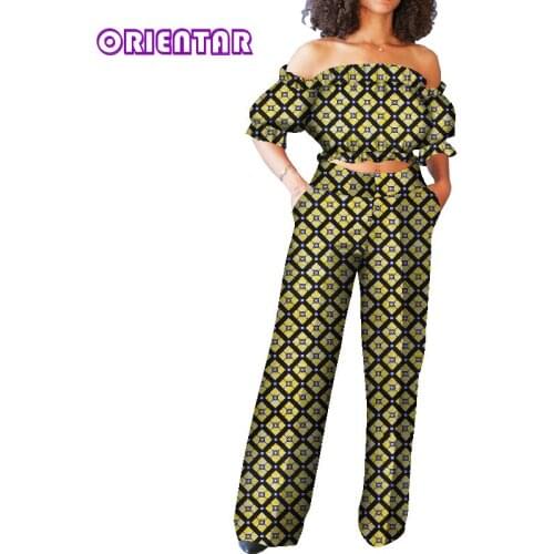 2 Pcs Women Suits Set African Pants and Tops Set Summer Fashion Women Crop Tops and Long Pants Print African Clothing WY8729
