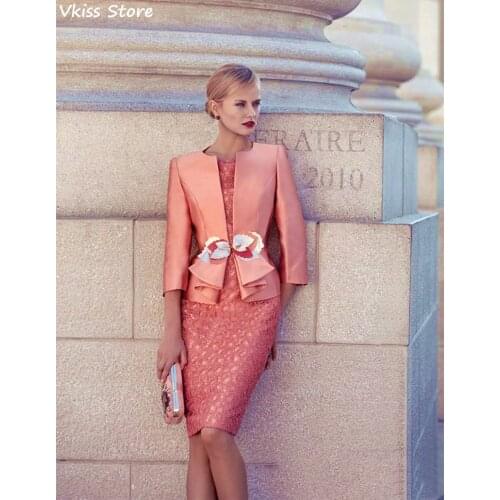 Coral Lace Mother Of The Bride Dresses With Jackets Knee Length Sheath Wedding Guest Dress Jewel Neck Plus Size Evening Gowns
