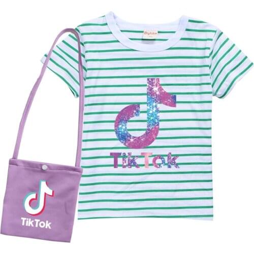 TIK TOK Summer cotton striped T-shirt + bag girls fashion casual short-sleeved toddler T-shirt clothing