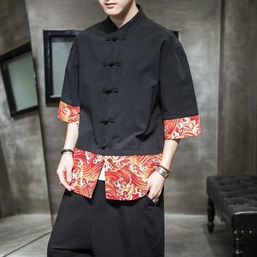 Summer Chinese Style Hanfu Men Short Sleeve Cotton T-Shirt Kung Fu Clothes Tai Chi Tee Tops Qipao Shirt Casual Blouse 12063