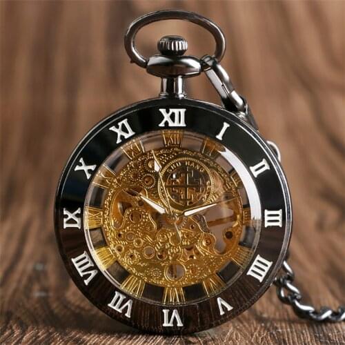 Engraving Roman Numerals Open Face Mechanical Pocket Watch Transparent Skeleton Manual Pendant Clock Men Women Antique Gifts