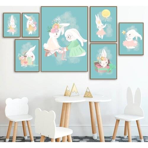 Cute Rabbit dance Star balloon Flower Nursery Wall Art Canvas Painting Nordic Posters And Prints Wall Pictures Kids Room Decor