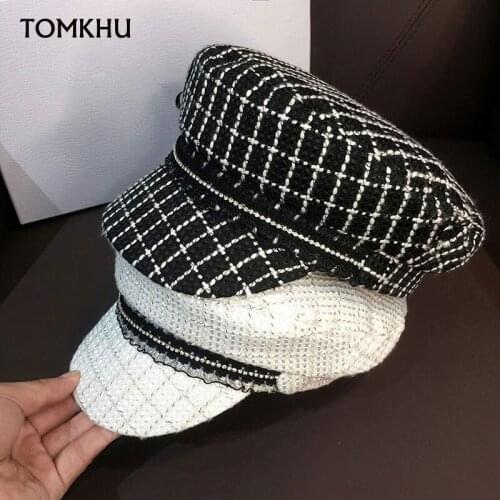 TOMKHU New Winter Caps Hat For Women Newsboy Caps Female Military Caps Vintage Flat Top Thick Warm Bomber Hats Men Bone