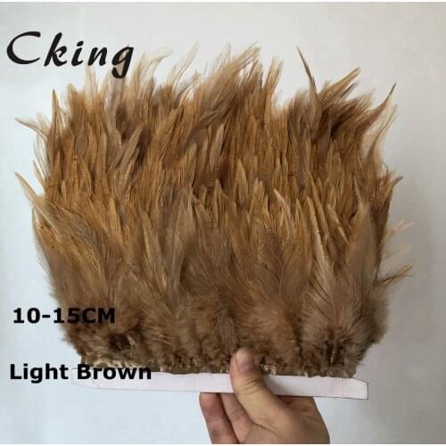Cking Light Brown Dyed Rooster saddle Feather trim 4-6inch cock feather fringe strip sewed on satin ribbon for wedding decorates