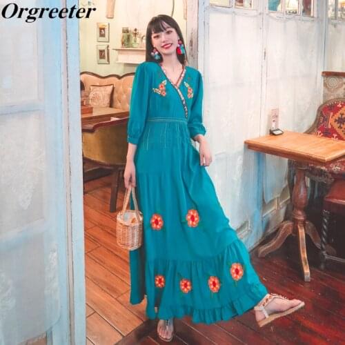 Large Size Summer Bohemian Floral embroidery Beach Holiday Maxi Dress V-neck Half sleeve Sequined Chic Big Swing Long Dress