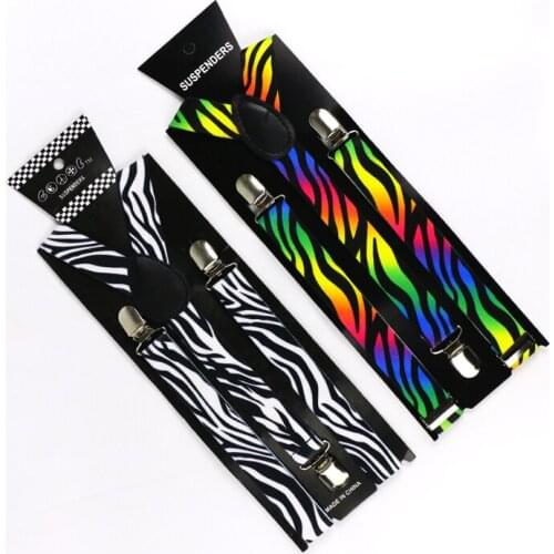 Winfox Vintage Black Rainbow Mens Trouser Suspenders Male Women 2.5cm Wide Zebra Print Braces Elastic Suspenders